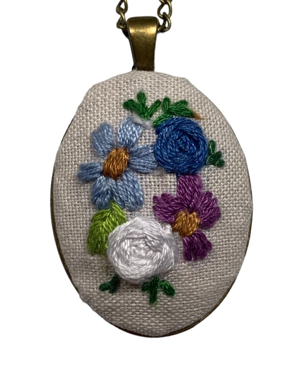 Handmade Blue  & Purple Floral Bouquet Embroidery Necklace
